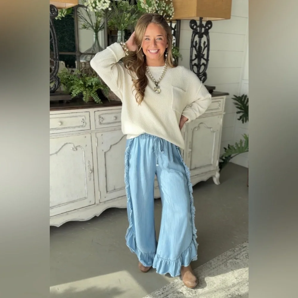 Easel light blue chambray denim wide leg elastic waist pull on pants size Large - Picture 13 of 13